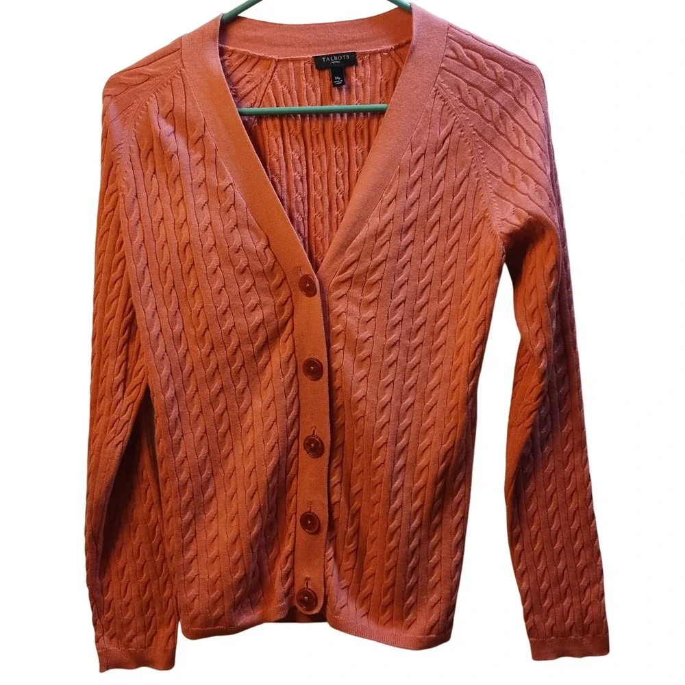 Talbots Petites Cable Knit Cardigan Sz M Coral Button‎ Sweater Preppy Layers